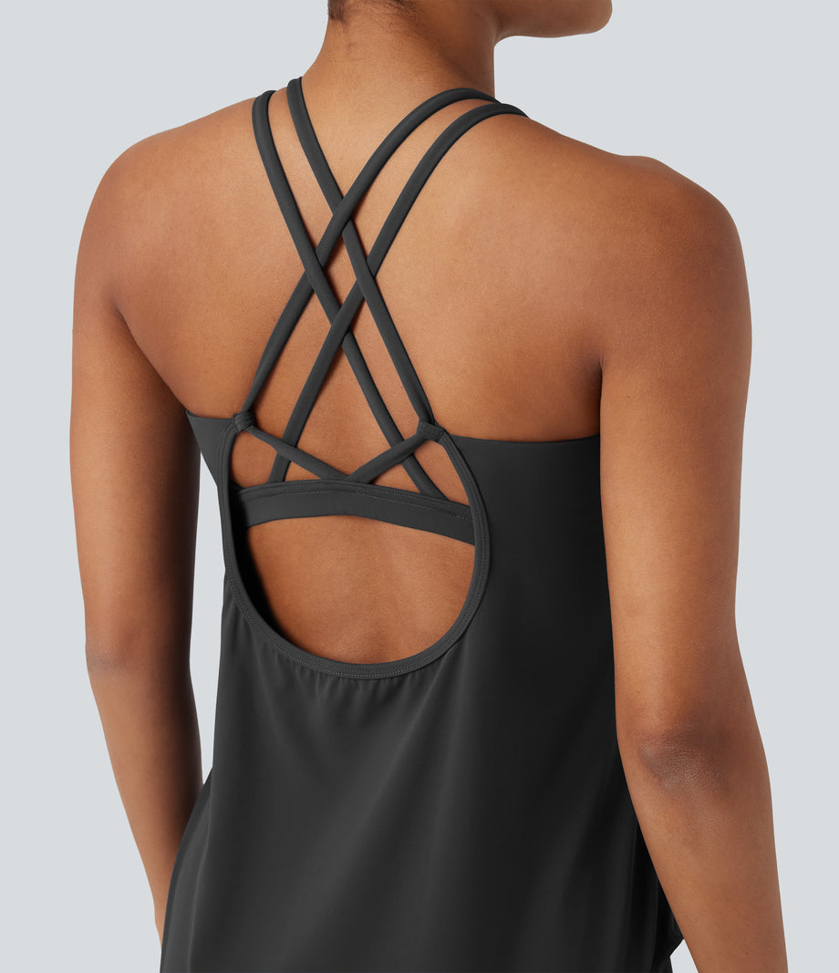 Halara UltraSculpt™ Round Neck Crisscross Back Running Tank Tops DD-F Cups - Volcanic Ash