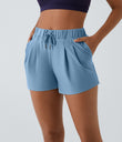 High Waisted Elastic Waistband Drawstring Pleated Yoga Shorts 3" with Pockets - Blue Shadow