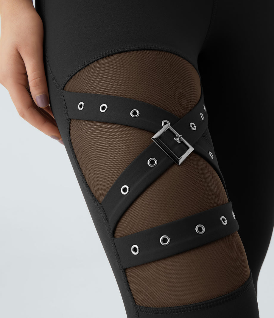 DayStretch High Waisted Crossover Contrast Mesh Decorative Buckle Yoga Leggings - Black