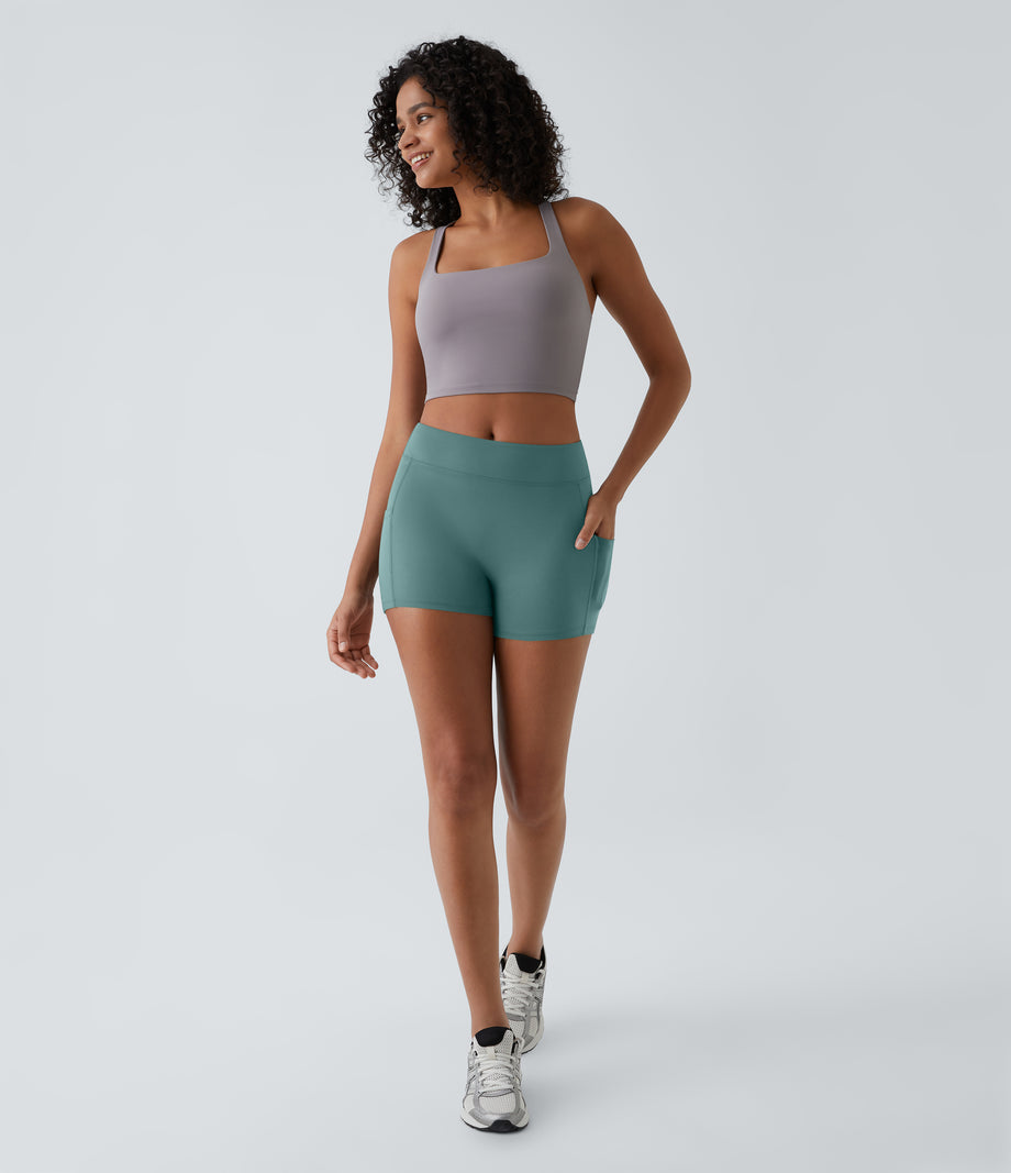 SoftlyZero™ Airy High Waisted Pocket Plain Cool Touch Yoga Shorts 3.5"-UPF50+ - Rock Cyan Blue