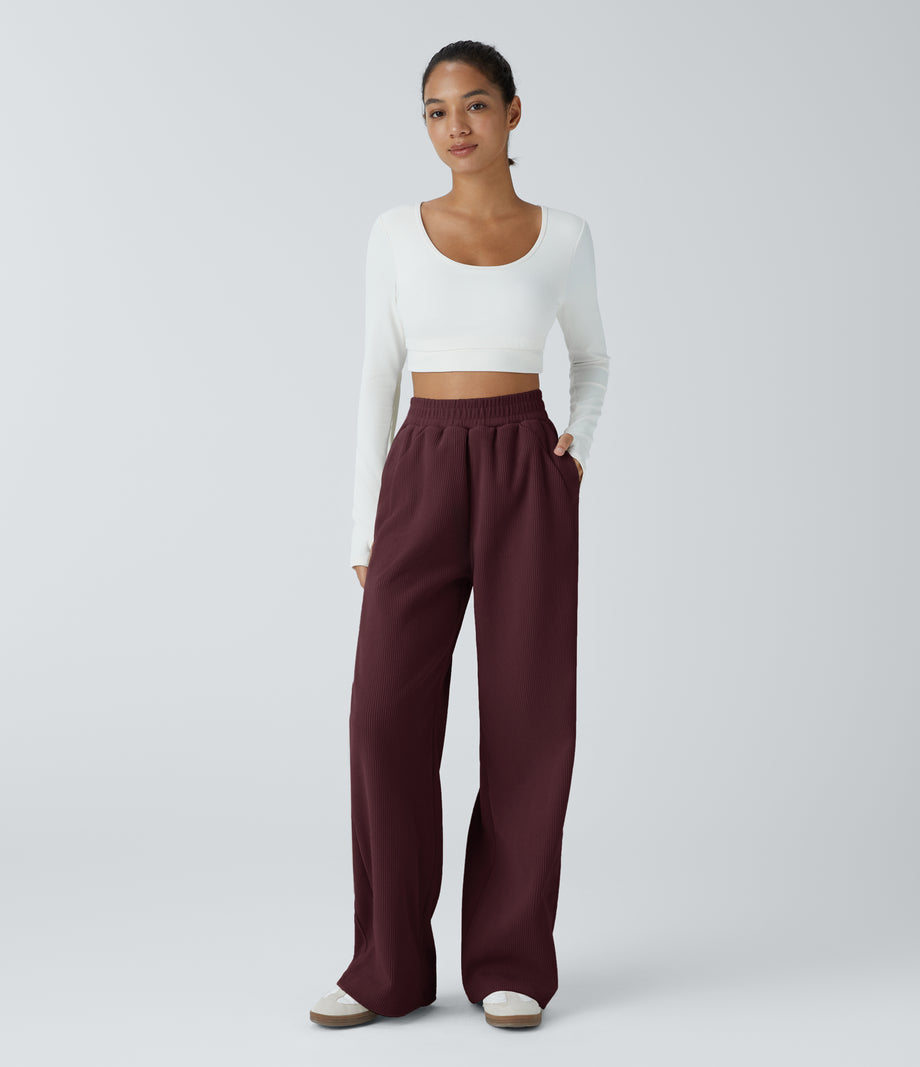 High Waisted Pocket Straight Leg Baggy Mop Corduroy Casual Pants - Port Royale