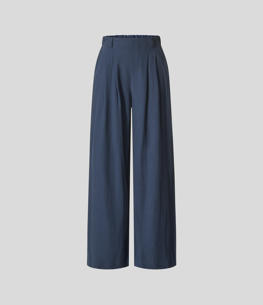 High Waisted Pocket Wide Leg Flowy Solid Palazzo Casual Linen-Feel Pants - Deep Secluded Blue