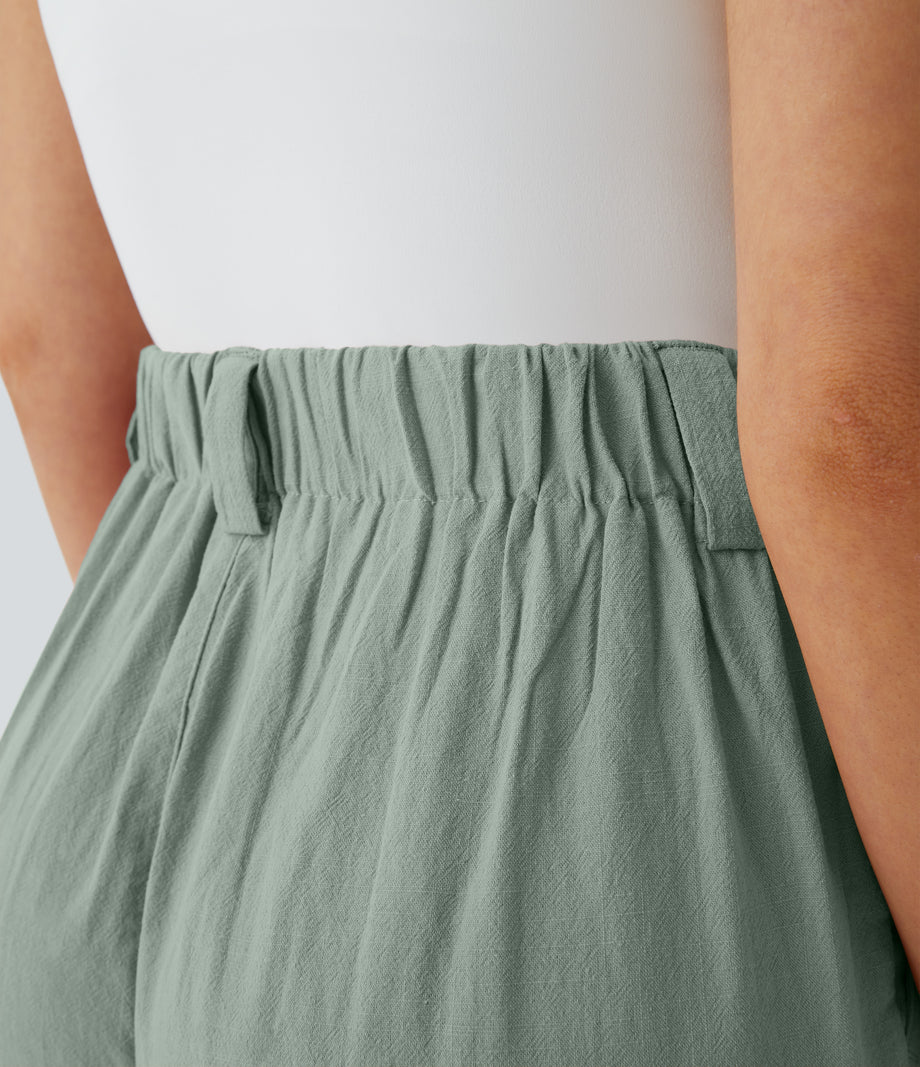 High Waisted Pocket Wide Leg Flowy Solid Palazzo Casual Linen-Feel Pants - Iceberg Green