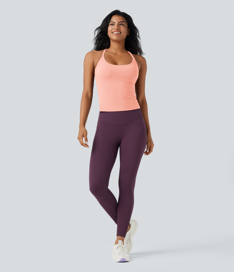 Scoop Neck Crisscross Back Crossover Hem Yoga Cami Top - Blush Pink