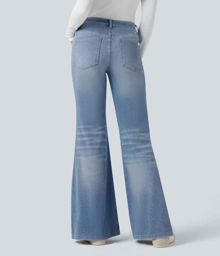 Halara Flex™ Low Rise Flare Washed Casual Jeans with Pockets - Powder Blue Denim