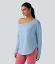 One Shoulder Long Sleeve Thumb Hole Curved Hem High Low Quick Dry Yoga Sports Top-Built-in Bra - Angel Falls