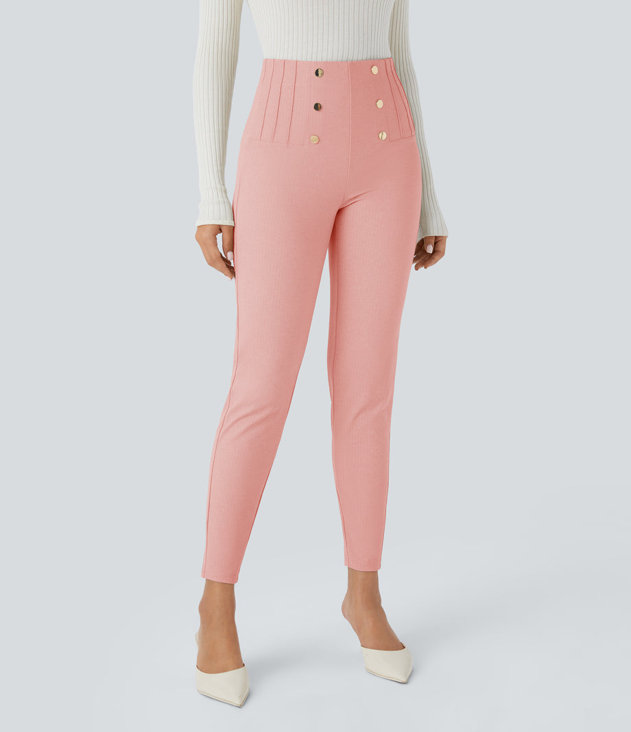 High Waisted Tummy Control Decorative Back Zipper Pockets Herringbone Work Leggings - Coral Cloud