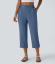 High Waisted Zipper Pocket Cropped Linen-Feel Pants - Blue Horizon