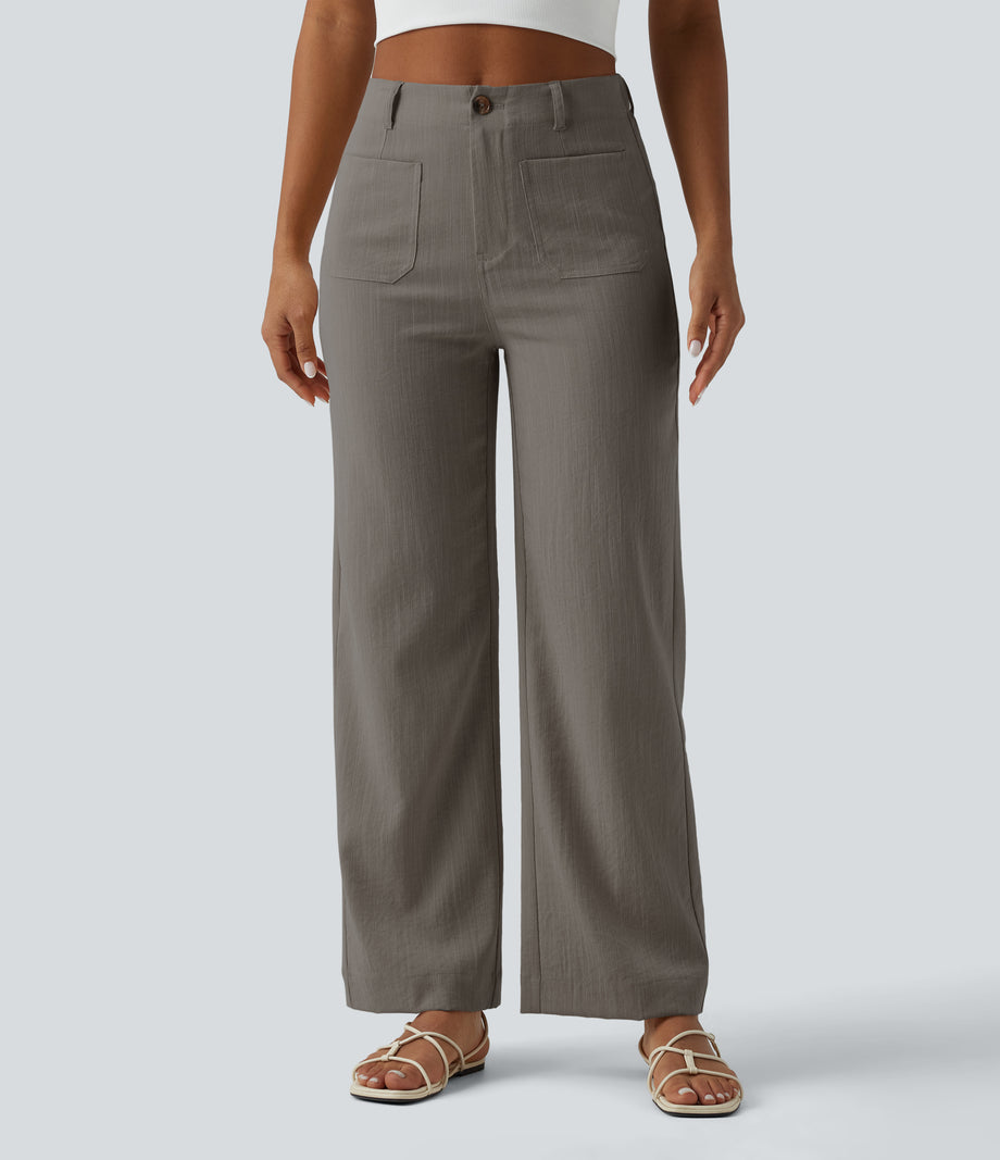 High Waisted Straight Leg Casual Linen-Feel Pants with Pockets - River Stone