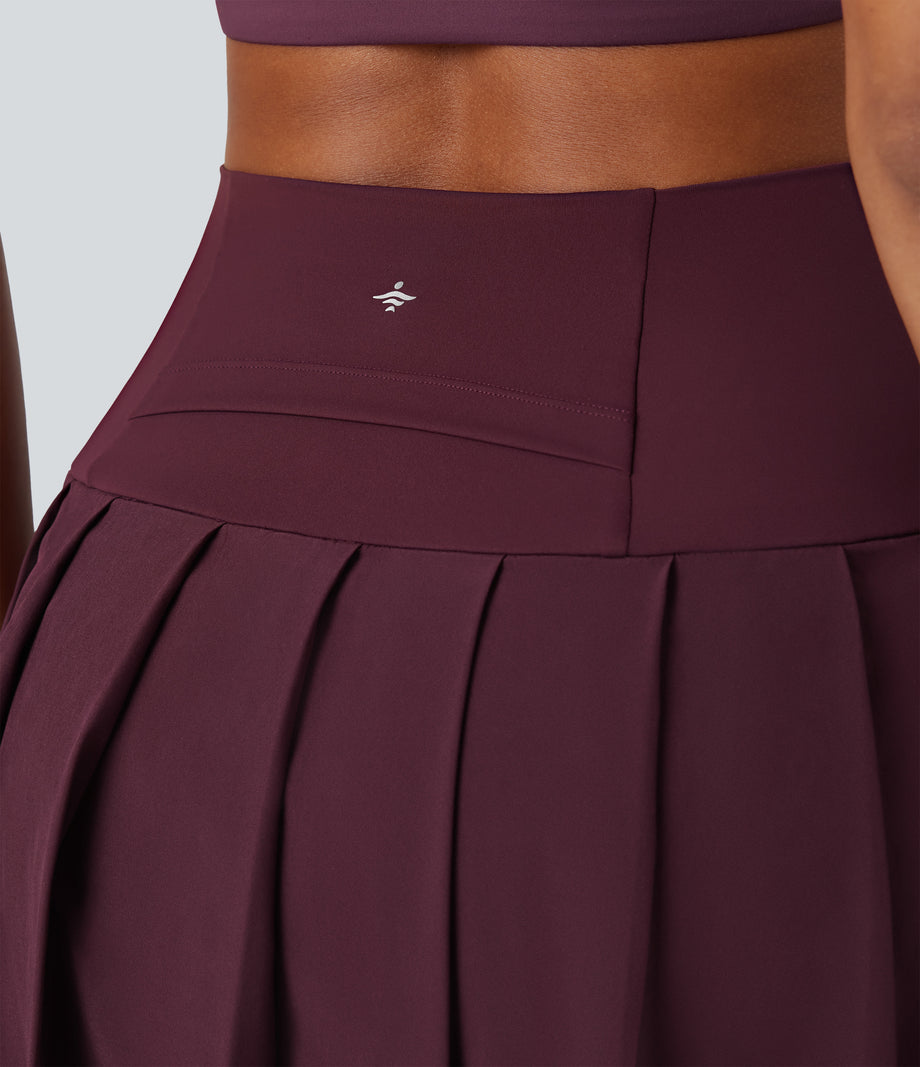 Breezeful™ High Waisted Pleated 2-in-1 Contrast Mesh Quick Dry Dance Stirrup Skirted Leggings with Pockets - Amaranth