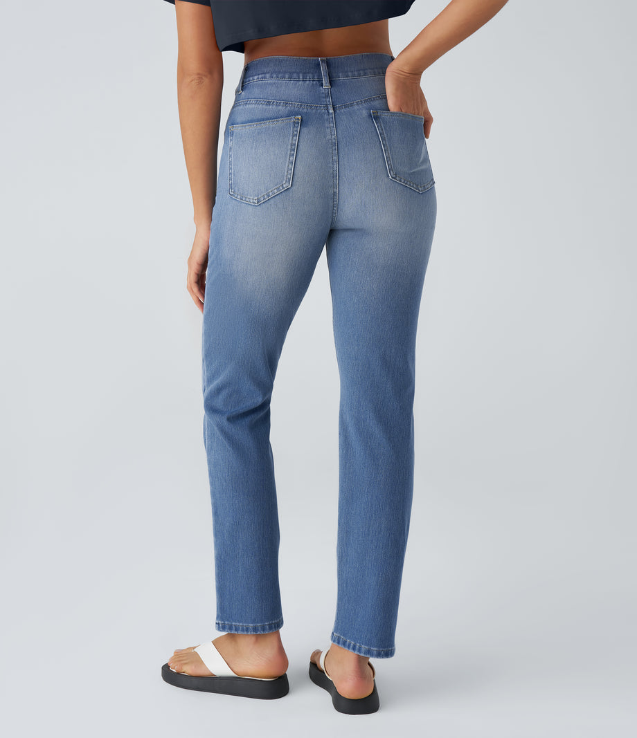 Halara Flex™ High Waisted Pockets Straight Leg Washed Casual Jeans - Sea Blue Denim