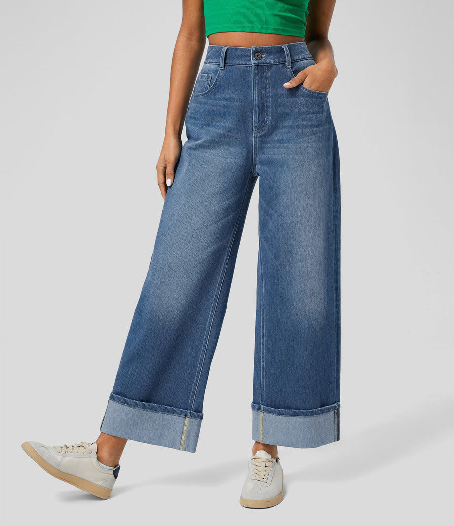 Halara Flex™ High Waisted Pockets Rolled Hem Wide Leg Washed Casual Jeans - Blue Spruce Denim