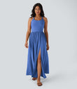 Twisted Backless Split Flowy Maxi Resort Dress with Pockets - Sky Blue Floral Yarn