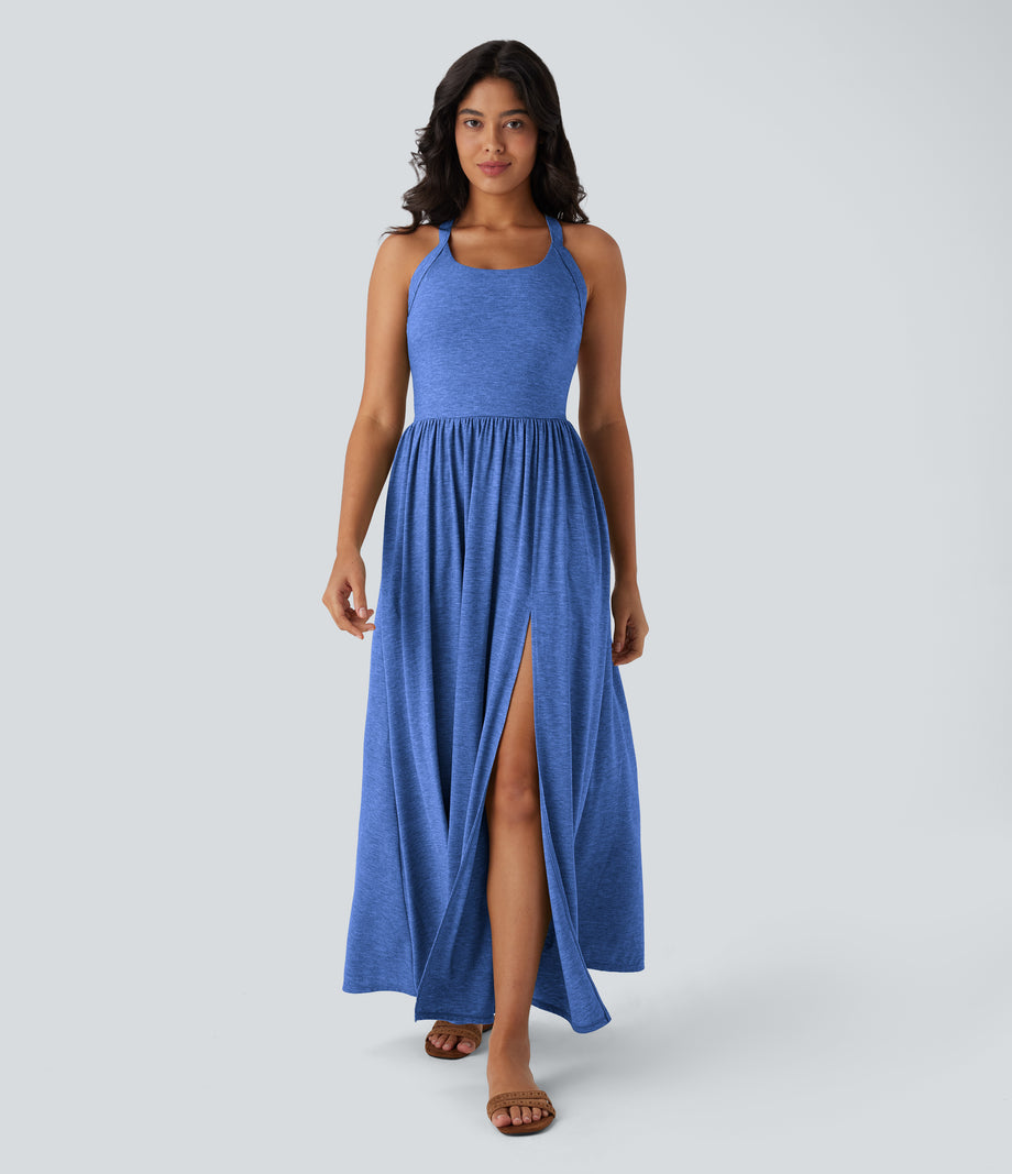 Twisted Backless Split Flowy Maxi Resort Dress with Pockets - Sky Blue Floral Yarn