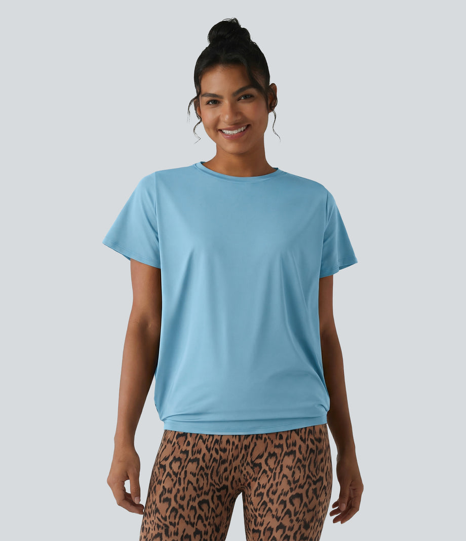 Round Neck Short Sleeve Ruched Cool Touch Yoga Sports Top-UPF50+ - Sky Blue