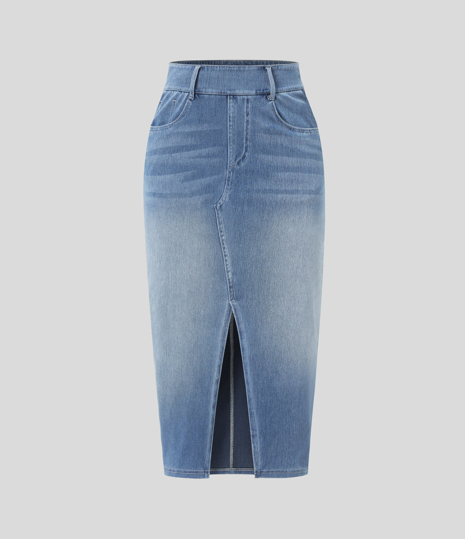Halara Flex™ High Waisted Pockets Bodycon Washed Denim Casual Midi Skirt - Frost Blue Denim