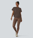 Round Neck Short Sleeve Ruched Cool Touch Yoga Sports Top-UPF50+ - Chocolate Martini