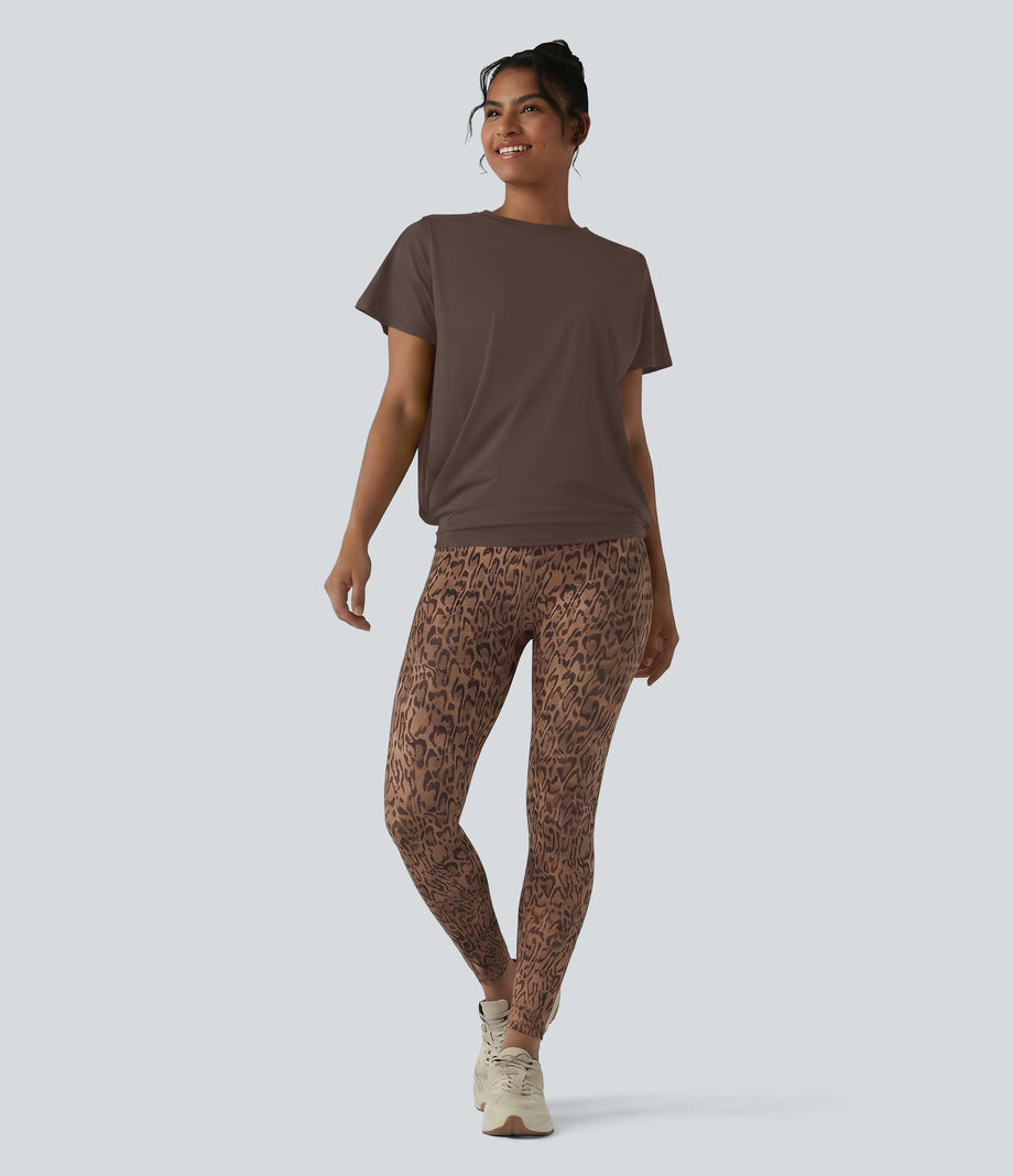 Round Neck Short Sleeve Ruched Cool Touch Yoga Sports Top-UPF50+ - Chocolate Martini