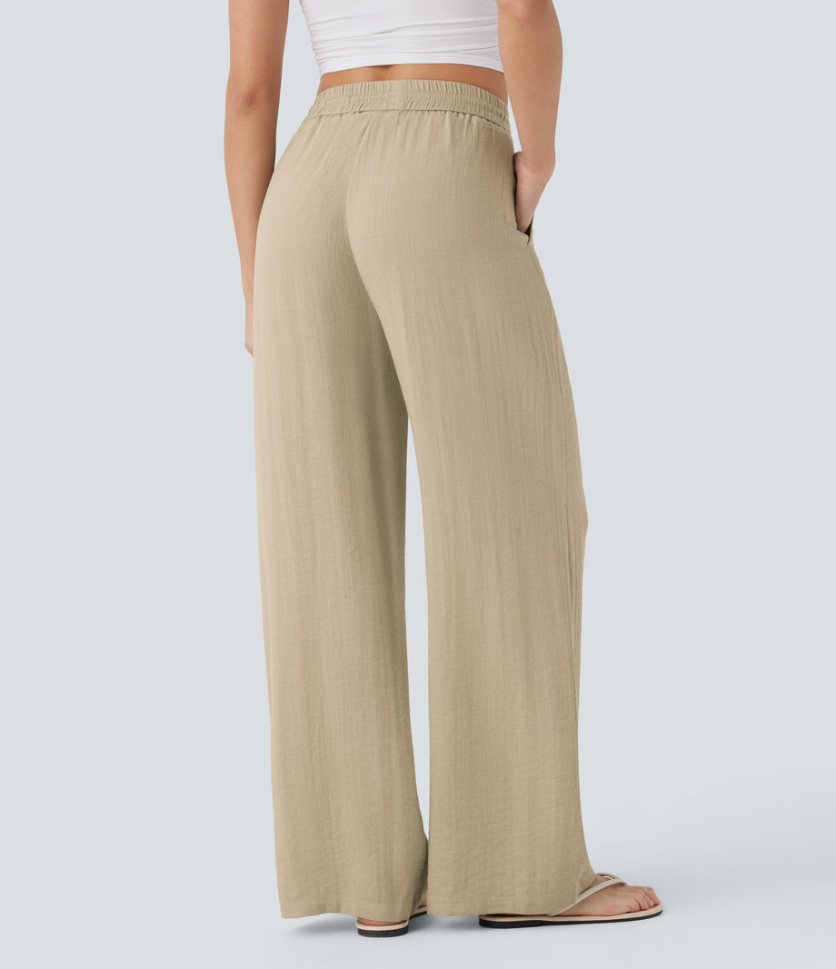 High Waisted Drawstring Pocket Wide Leg Baggy Casual Linen-Feel Pants - Fields of Rye