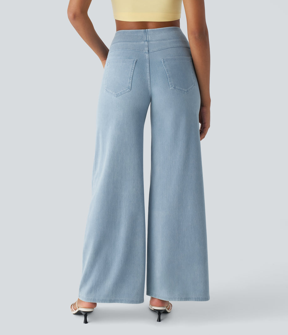 Halara Flex™ High Waisted Pockets Wide Leg Loose Work Jeans - Denim Cyan Blue