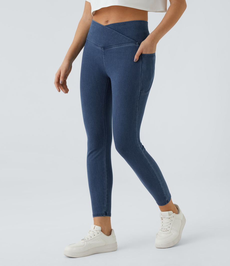 Halara Flex™ Crossover Pocket Washed Denim Work Leggings - Washed Denim Bleached Blue
