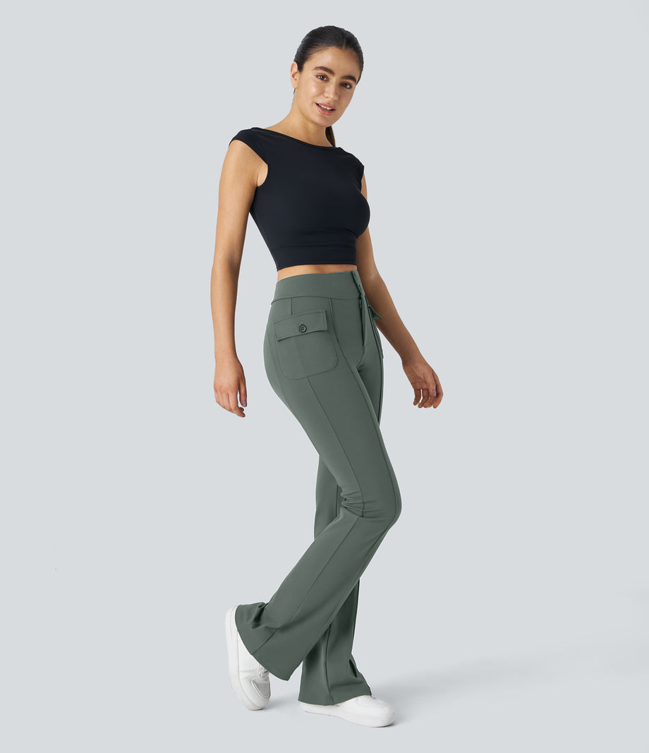 High Waisted Side Flap Pocket Flare Casual Cargo Pants - Deep Aquamarine