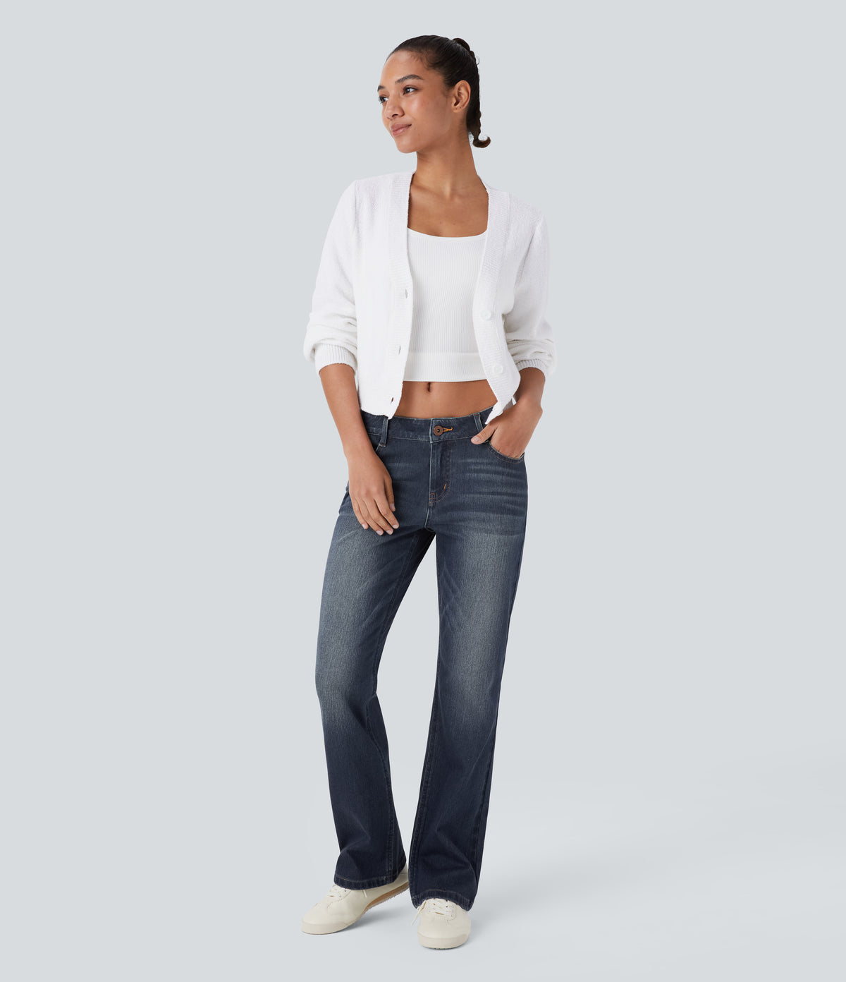 Halara Flex™ Low Rise Zipper Pockets Washed Casual Bootcut Jeans - Forest Blue Denim