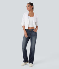 Halara Flex™ Low Rise Zipper Pockets Washed Casual Bootcut Jeans - Forest Blue Denim