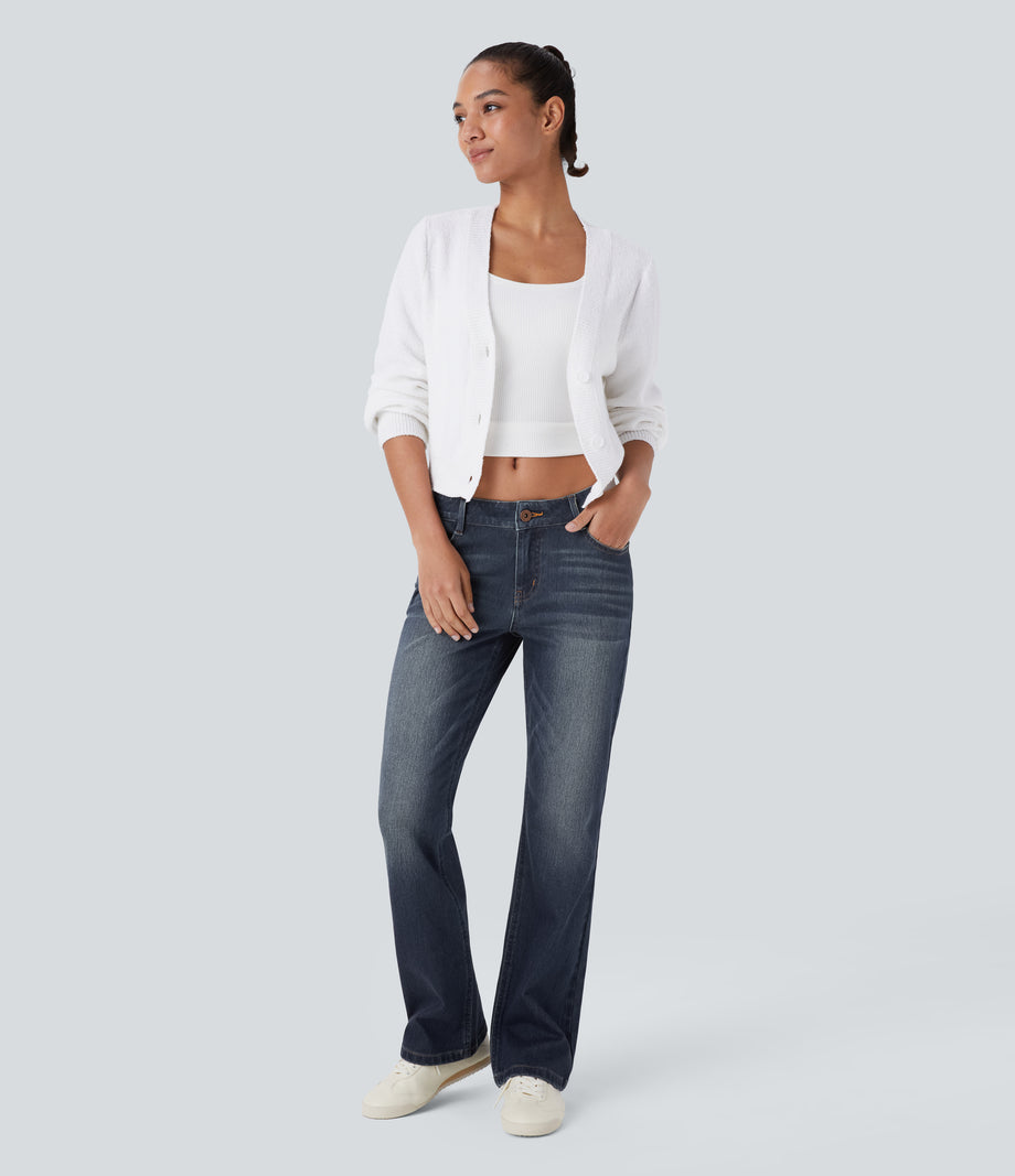Halara Flex™ Low Rise Zipper Pockets Washed Casual Bootcut Jeans - Forest Blue Denim