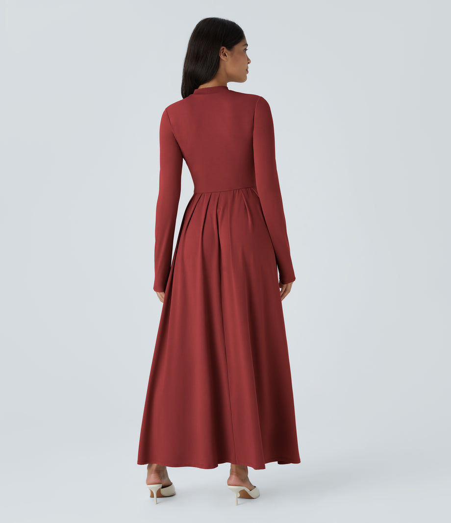 Mock-neck Long Sleeve Pocket Flare Maxi Casual Dress - Emboldened