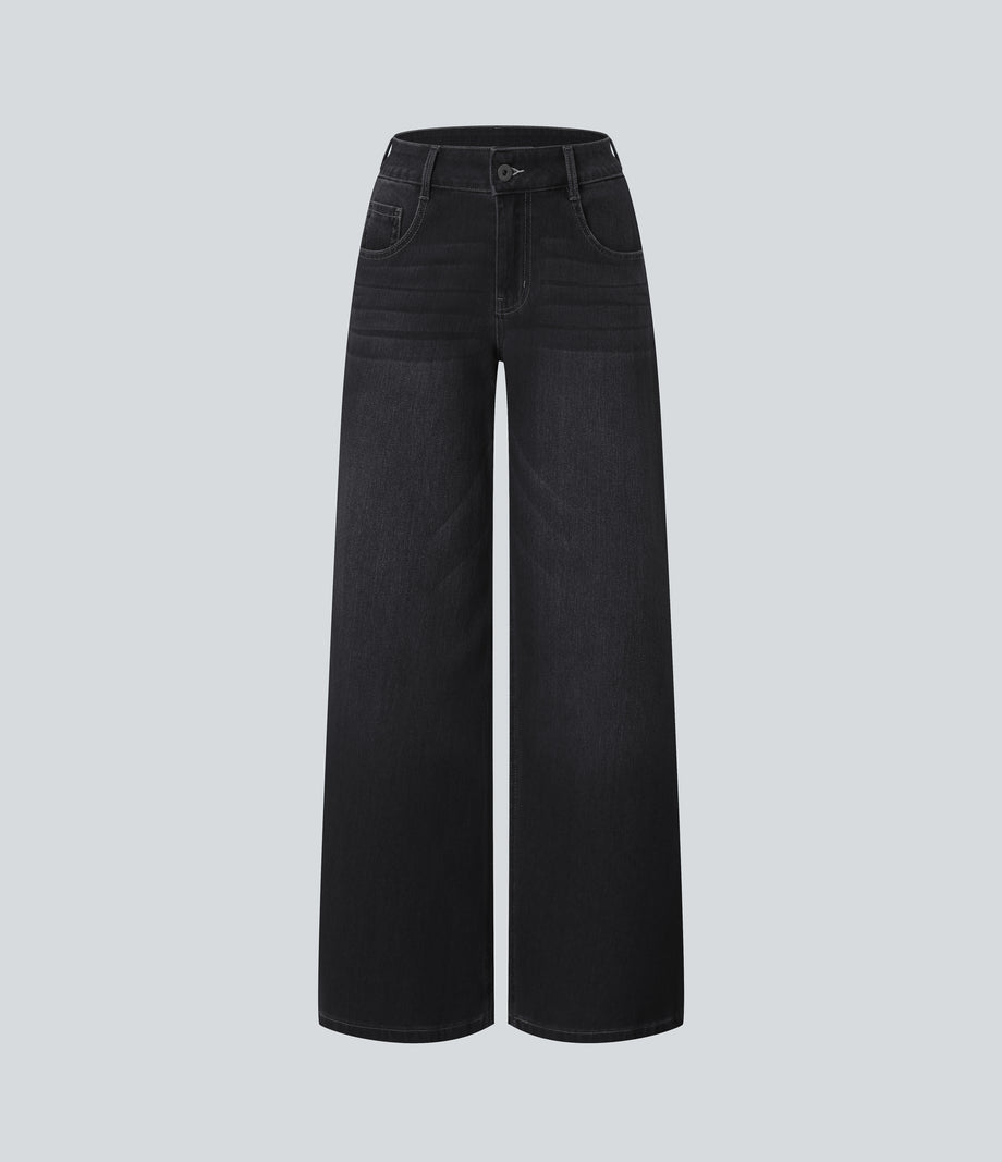 Halara Flex™ Low Rise Zipper Pockets Washed Baggy Wide Leg Casual Jeans - Deep Ink Black Denim