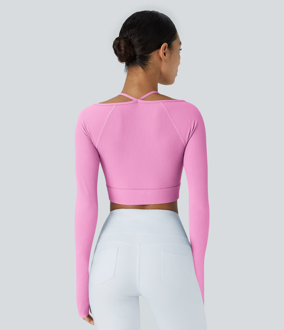 Ribbed Halter Strap Thumb Hole Cropped Yoga Sports Top - Soft Light Purple