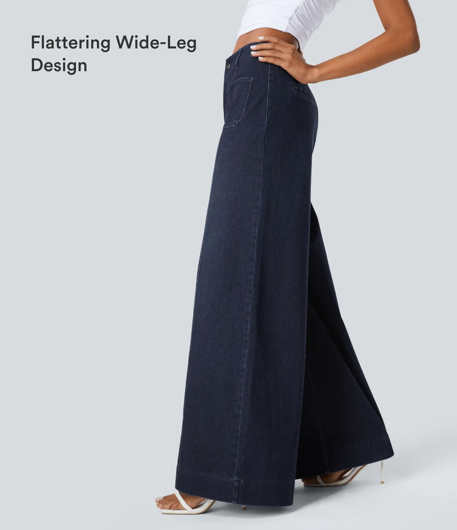 Halara Flex™ High Waisted Pockets Washed Casual Wide Leg Jeans - Deep Blue Water Denim