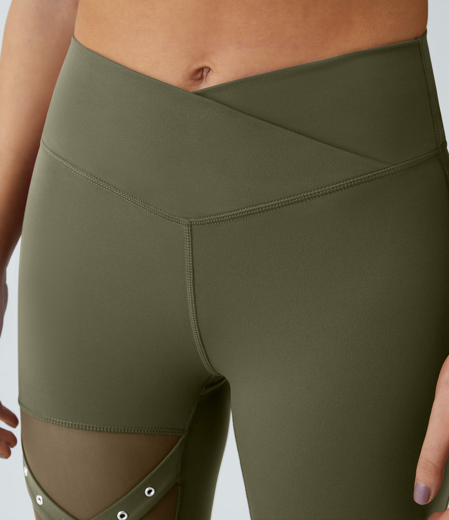 DayStretch High Waisted Crossover Contrast Mesh Decorative Buckle Yoga Leggings - Forest Night