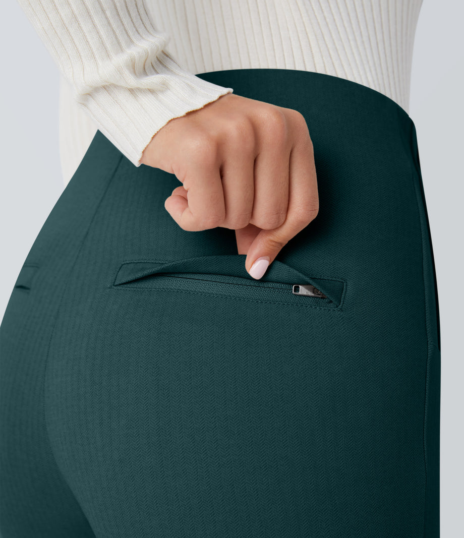 High Waisted Tummy Control Decorative Back Zipper Pockets Herringbone Work Leggings - Dark Sea