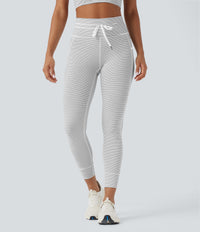 High Waisted Drawstring Striped Yoga Leggings with Pockets - Zebra Ripple
