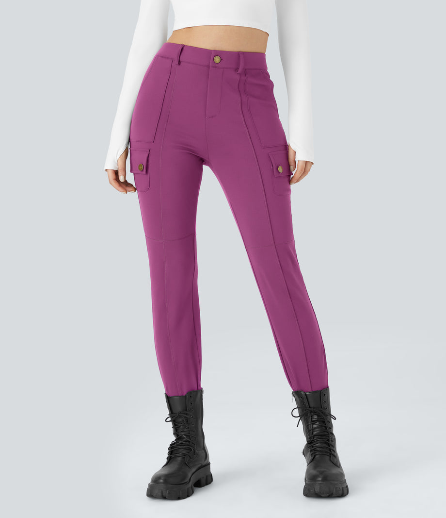 DayStretch High Waisted Zipper Pockets Solid Skinny Cargo Pants - Deep Orchid