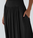 Ribbed Boat Neck Asymmetric Strap Ruched Pocket Flowy Maxi Casual Dress - Black