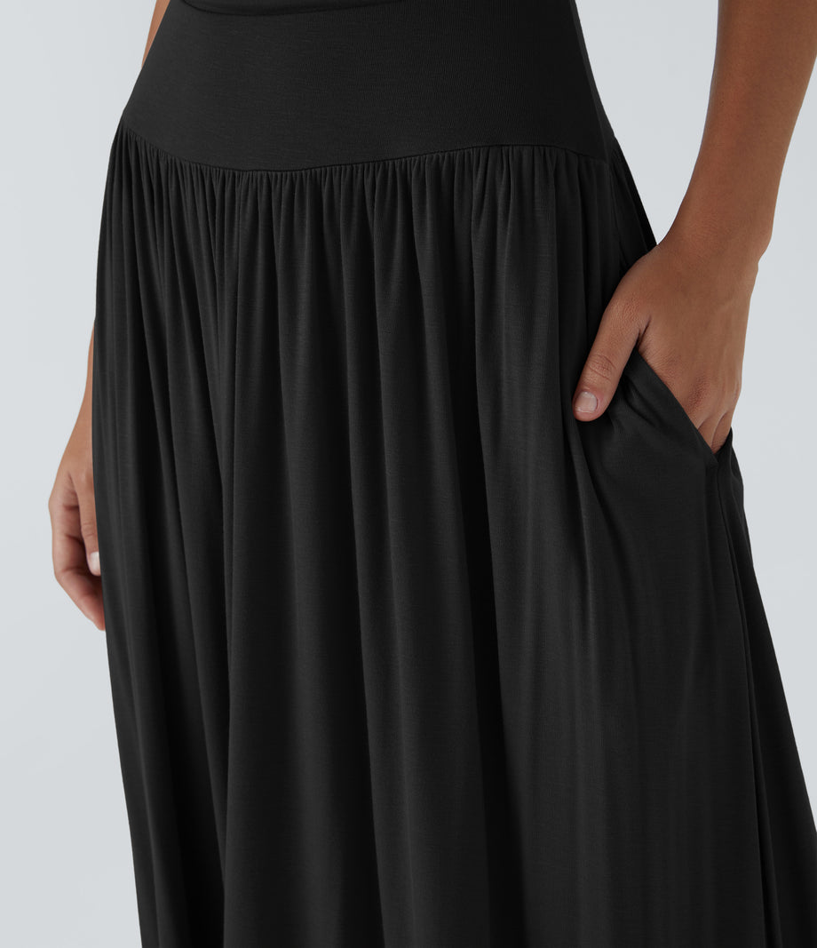 Ribbed Boat Neck Asymmetric Strap Ruched Pocket Flowy Maxi Casual Dress - Black