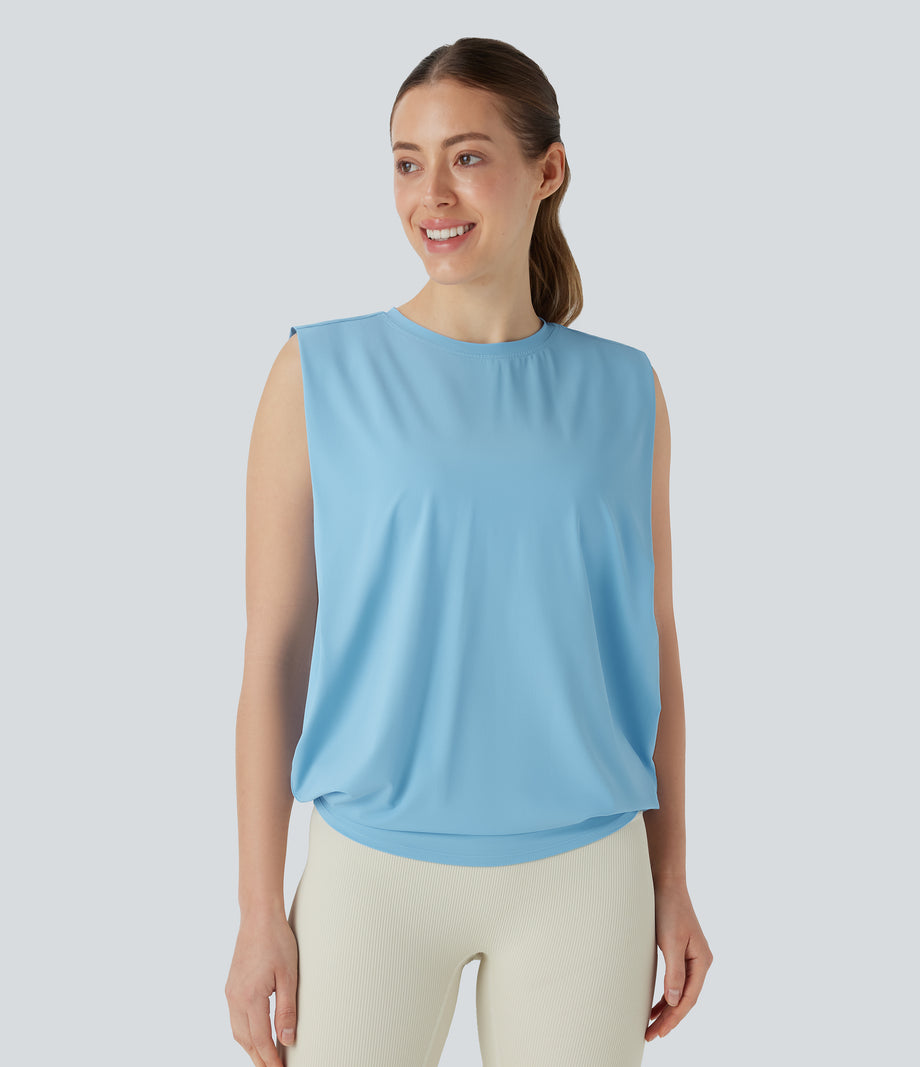 Round Neck Ruched Cool Touch Yoga Tank Top-UPF50+ - Sky Blue