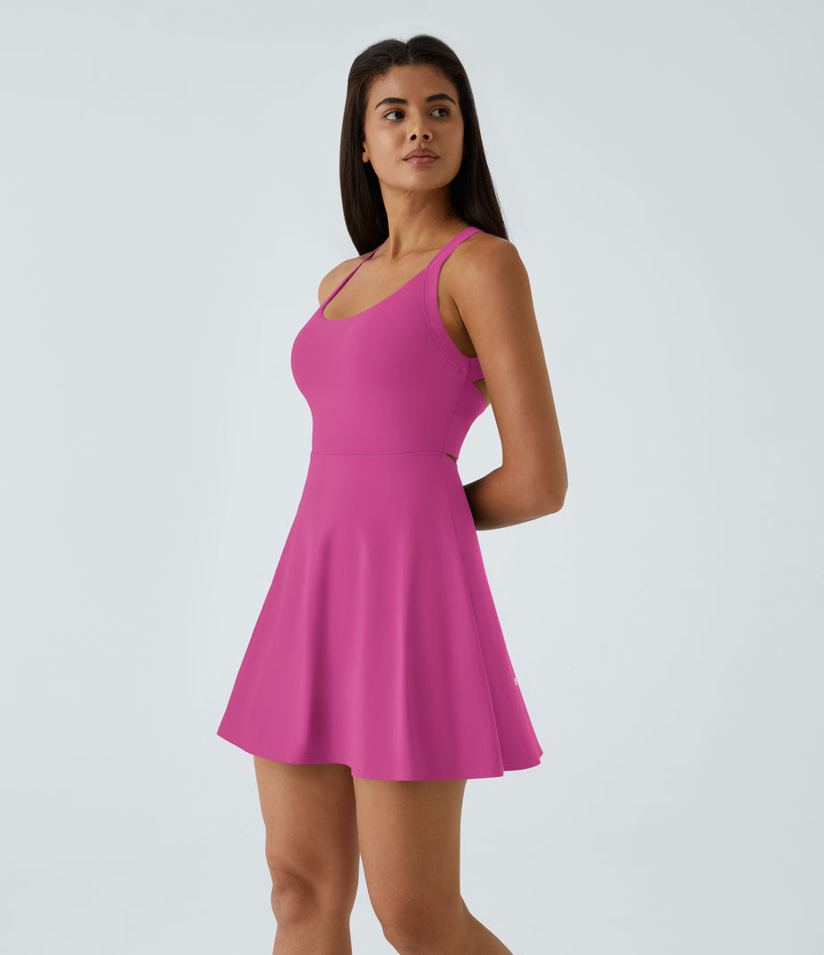 SoftlyZero™ Airy Backless Twisted Flare Low Support Dance Active Dress-Longer Length-Easy Peezy Edition A-D Cups - Fuchsia Fedora