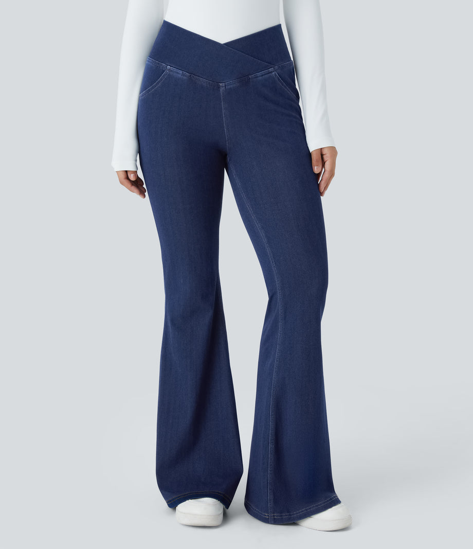 Halara Flex™ High Waisted Crossover Pocket Cool Touch Washed Casual Jeans - Gloomy Blue Denim
