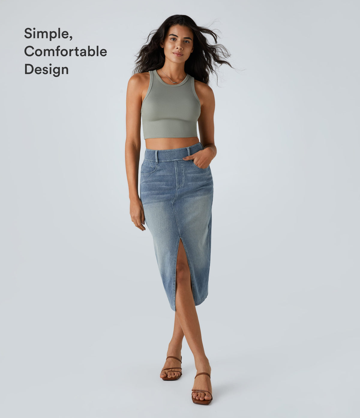 Halara Flex™ High Waisted Pockets Bodycon Washed Denim Casual Midi Skirt - Blue Gray Denim