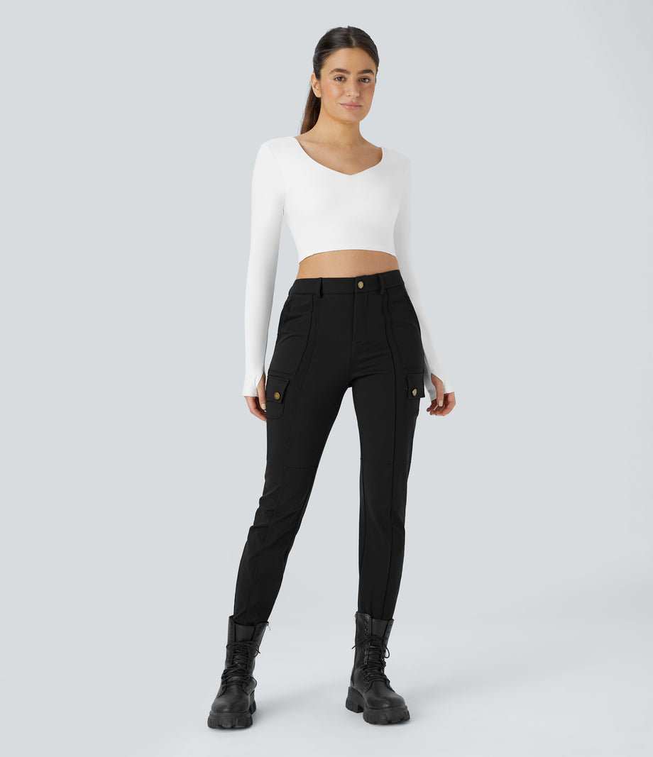 DayStretch High Waisted Zipper Pockets Solid Skinny Cargo Pants - Black