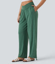 Crossover High Waisted Pocket Drawstring Casual Joggers - Emerald Floral Yarn