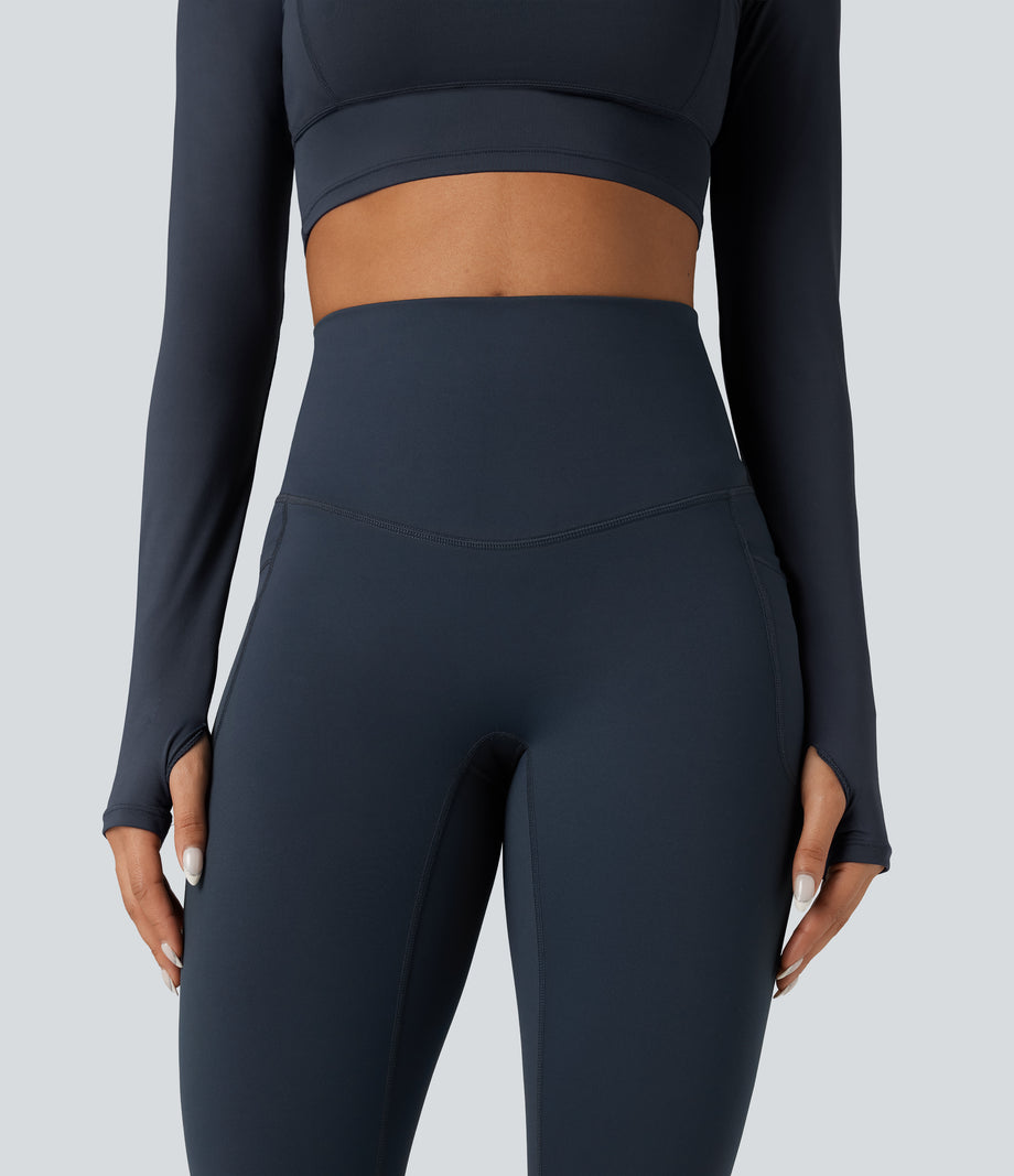 Halara Ultrasculpt™ Heat High Waisted Tummy Control Crossover Back Fleece Running Leggings with Pockets - Blueberry