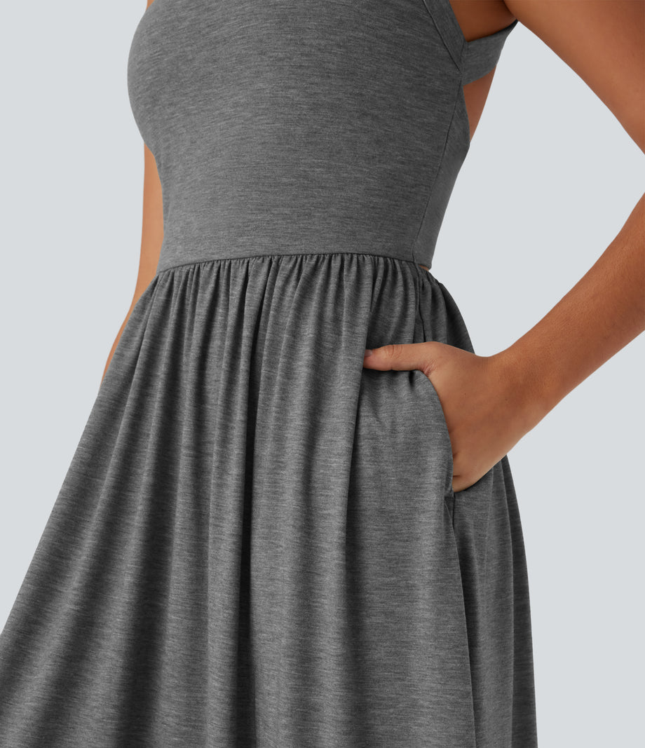 Twisted Backless Split Flowy Maxi Resort Dress with Pockets - Darl Gray Floral Yarn