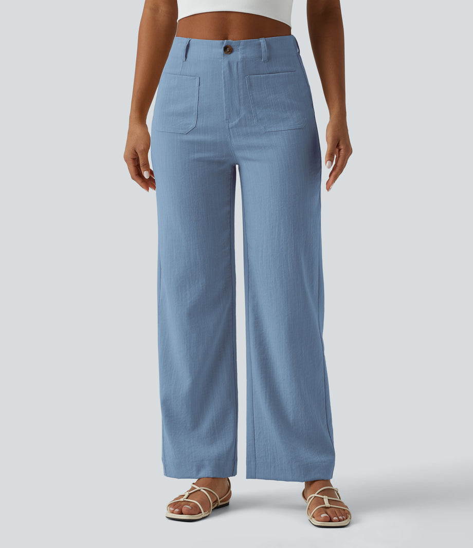 High Waisted Straight Leg Casual Linen-Feel Pants with Pockets - Azure Mist Blue