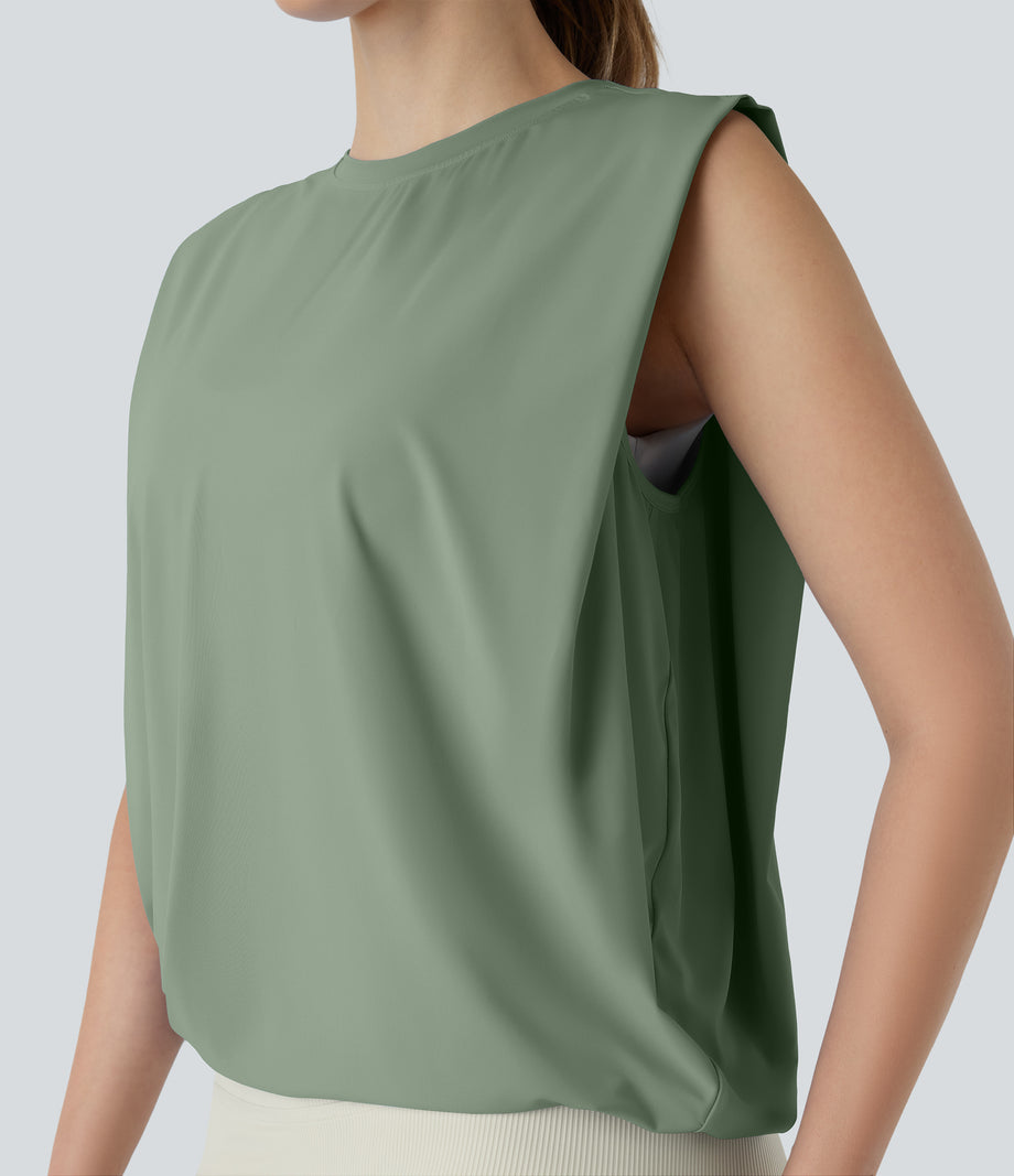 Round Neck Ruched Cool Touch Yoga Tank Top-UPF50+ - Hedge Green