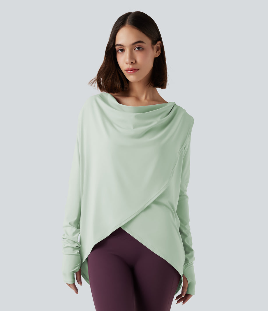 Hooded Cowl Neck Long Sleeve Thumb Hole Yoga Sports Top with Pockets - Dewkist